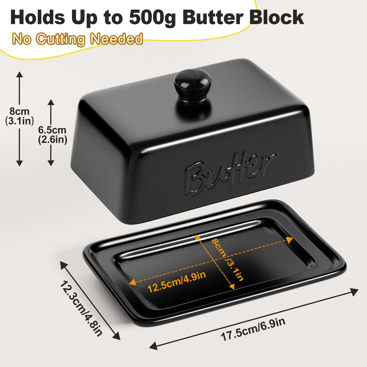 Portaburro in Ceramica con Coperchio, Contenitore Burro da 500g e 250g, Burriera da Frigo Grande, Porta Burro in Porcellana Lavabile in Lavastoviglie, Design Moderno Cucina, Nero