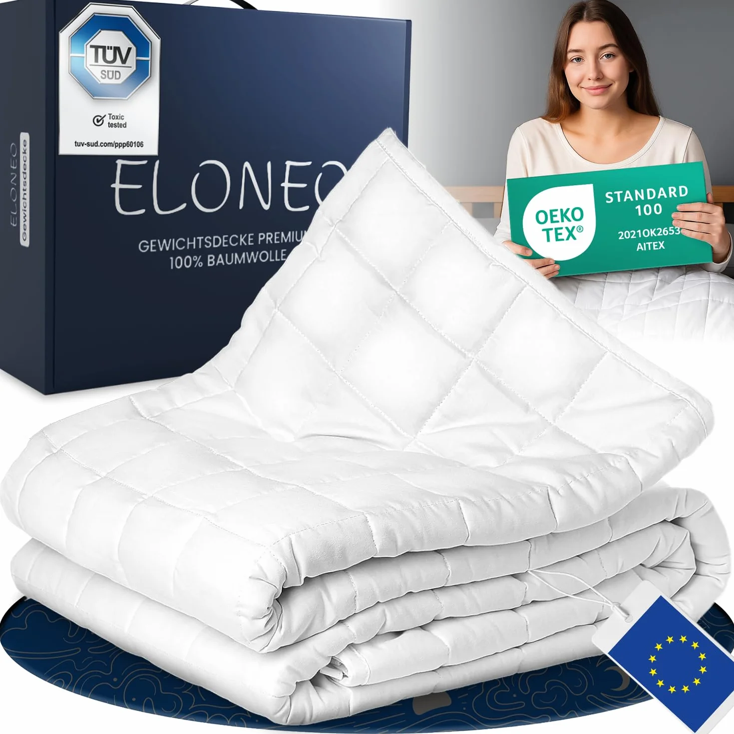 ELONEO Coperta Ponderata 135x200 cm 9 kg, certificata TÜV e Oeko-Tex, Weighted Blanket in 100% cotone, coperta rilassante e terapeutica antistress, coperta pesante per dormire