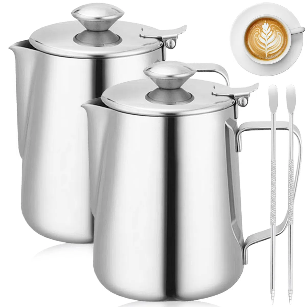 Brocca per latte con coperchio, 350 ml, in acciaio inox, per latte, caffè, caffè, cappuccino (2P)