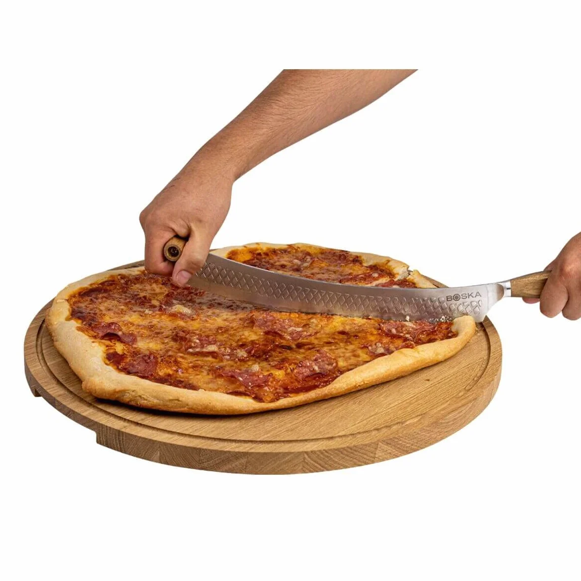 Amici XXL - Piatto per pizza in legno di quercia, diametro 47 cm, piatto rotondo per pizza con pratico vassoio di recupero, adatto anche per colazione, pranzo e