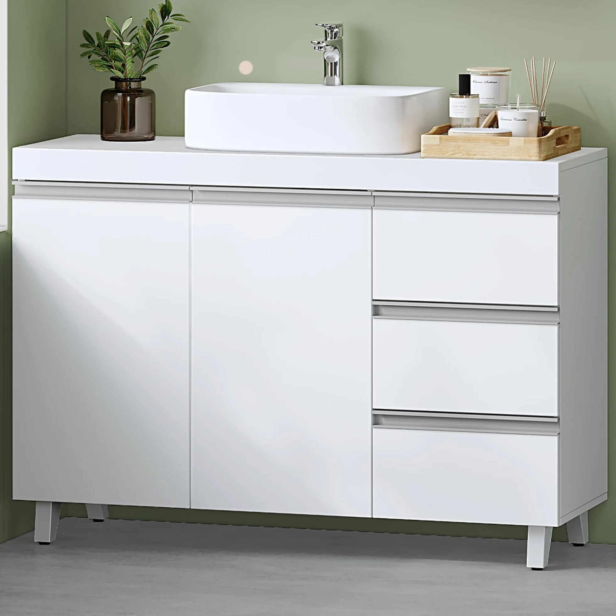 Hzuaneri Mobile Sottolavabo per Bagno, Mobiletto da Bagno, 3 Cassetti, 2 Ante, con Piedini, indipendente, moderno, 30 x 90 x 64 cm, Bianco BC29903X