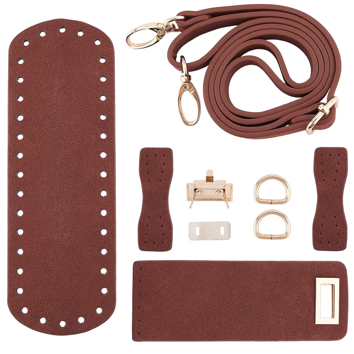 PH PandaHall Fai da Te Borsa in Pelle PU Set per Maglieria, Fondo Borsa in Pelle/Tracolla/Borsa Twist Lock/Copertura con Patta/Fibbie per Borsa, Nero (7 Tipi di Accessori), Marrone