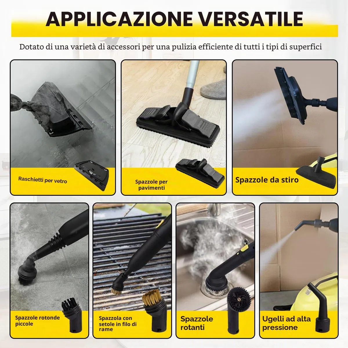 Pulitore a Vapore 2100 W con 29 Accessori, Serbatoio 2,1 L, Pressione 5 bar, Kit Pavimenti & Ugelli, Allarme Acqua Bassa, per Tappeti, Piastrelle, Vetri, Pavimenti (Nero)