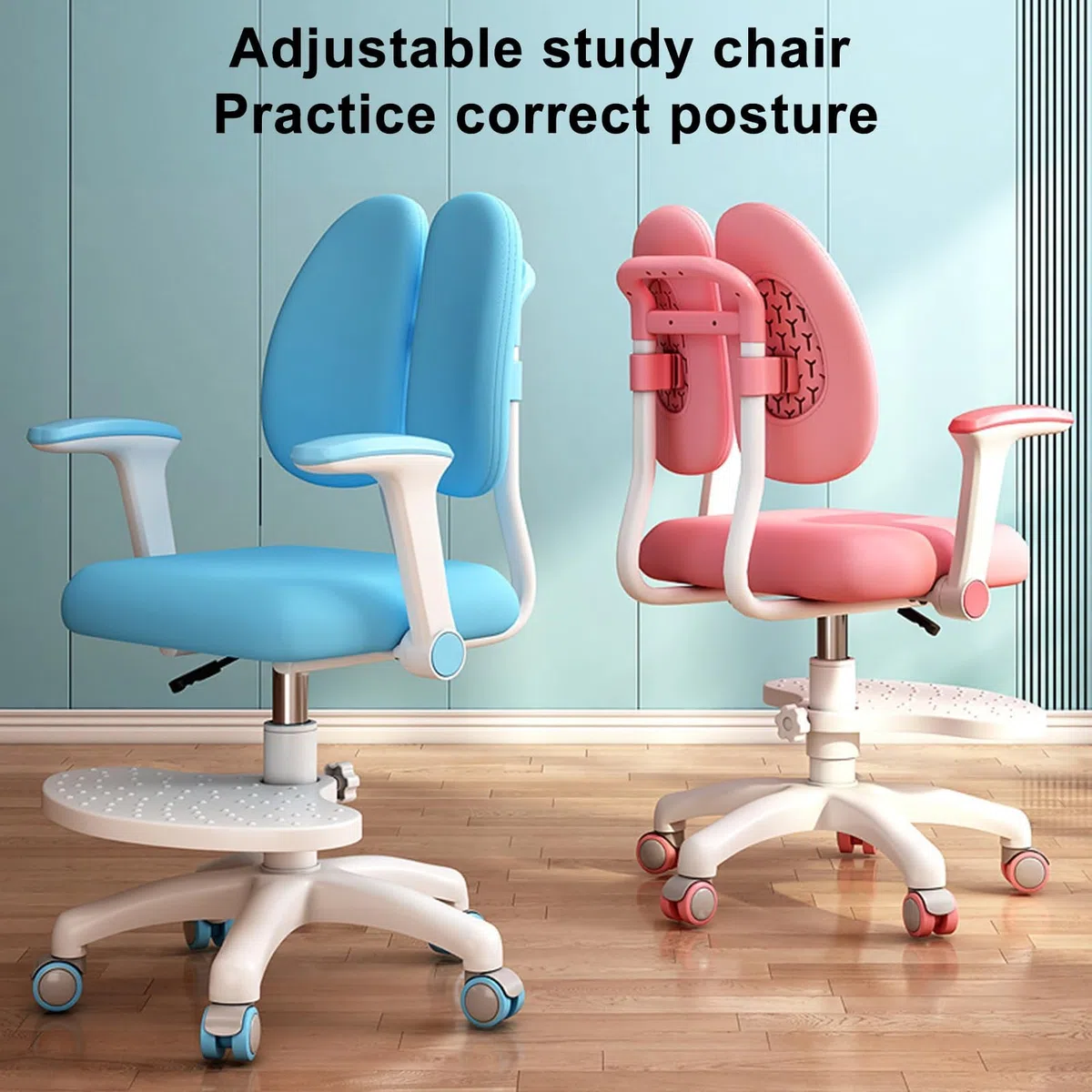 sedia da scrivania per bambini, sedia ergonomica girevole regolabile con braccioli e poggiapiedi, doppio cuscino morbido per studio