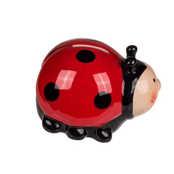 Salvadanaio in ceramica a forma di coccinella con coperchio e chiave, Rosso, 11.5 x 9.5 cm, 245 grammi, Bambini e adulti che apprezzano oggetti decorativi e divertenti