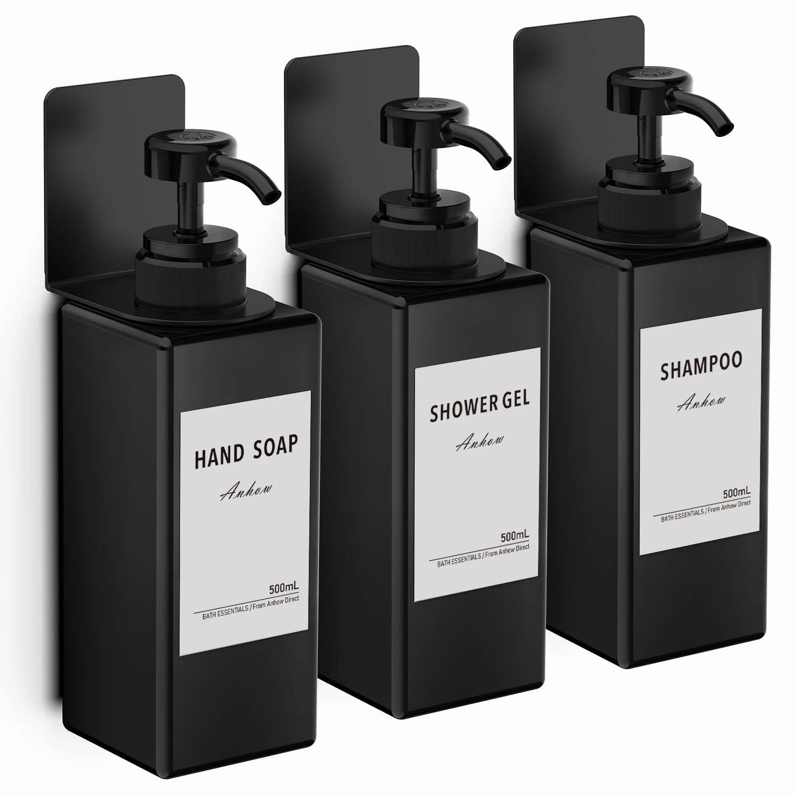 3 Pezzi Dispenser Sapone Bagno, 500 ml Set Dispenser Doccia da Muro Senza Foratura Dispenser Doccia Shampoo e Bagnoschiuma con Etichetta per Bagno Doccia Cucina - Nero