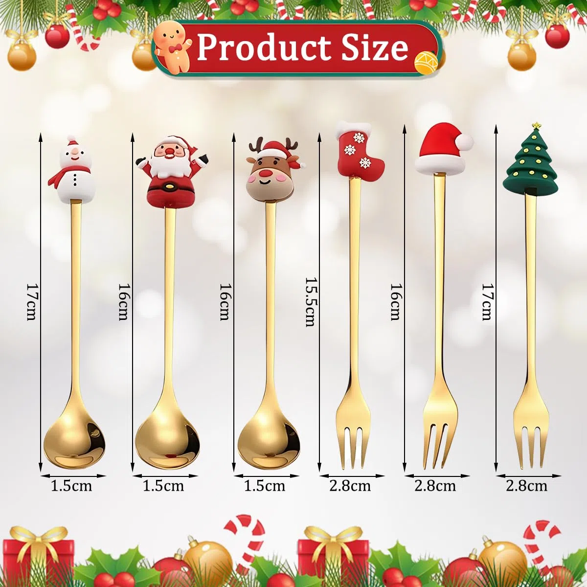 Set Posate Natalizie in Acciaio Inox da 6 Pz, Cucchiaio e Forchetta Natalizi, Cucchiaini da Tè e Caffè con Simpatica Decorazione 3D, Cucchiaino Natale per Dessert Regalo per Festa Compleanno