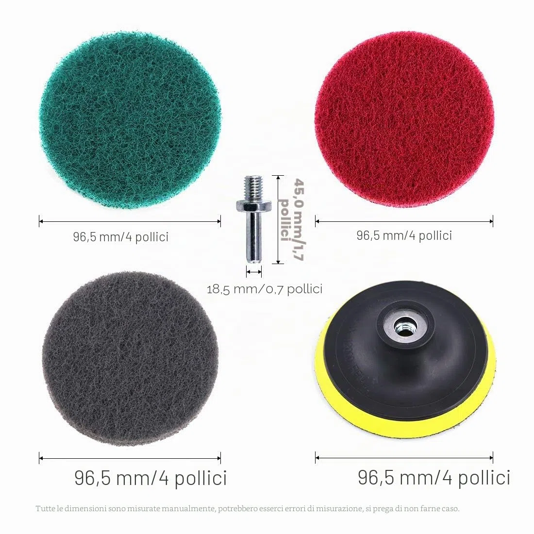 Glarks - Kit di 16 panni abrasivi per trapano, 10,2 cm, con supporto per dischi da 10,2 cm, per la pulizia di bagno e cucina, 3 diverse durezze (rosso, grigio, verde)