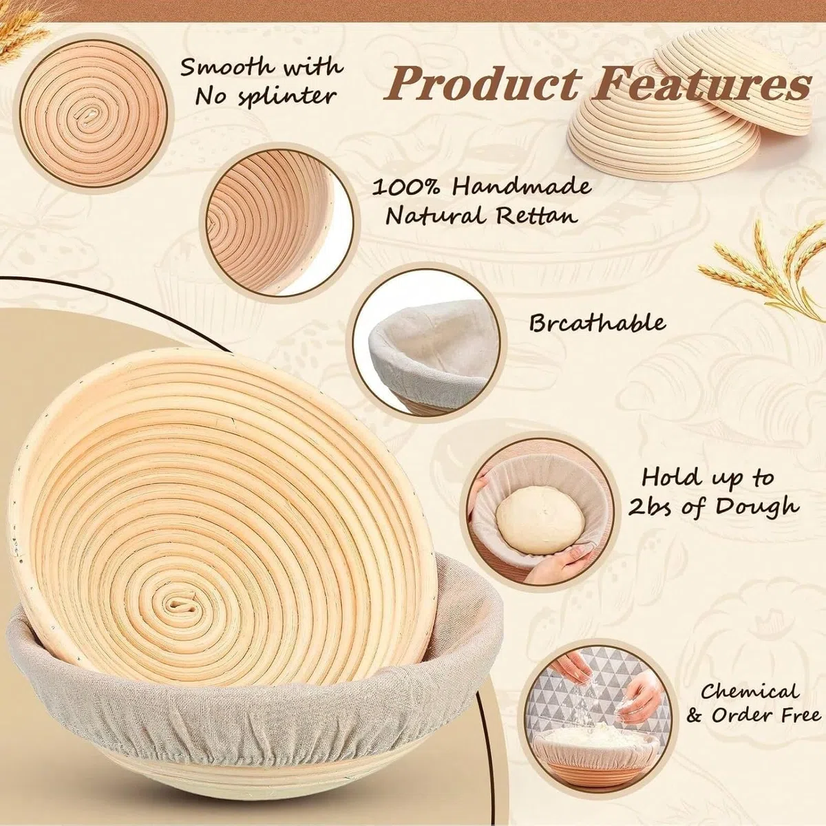 Banneton Proof Basket - Set di 6 cestini per la fermentazione in rattan naturale, 6 pollici