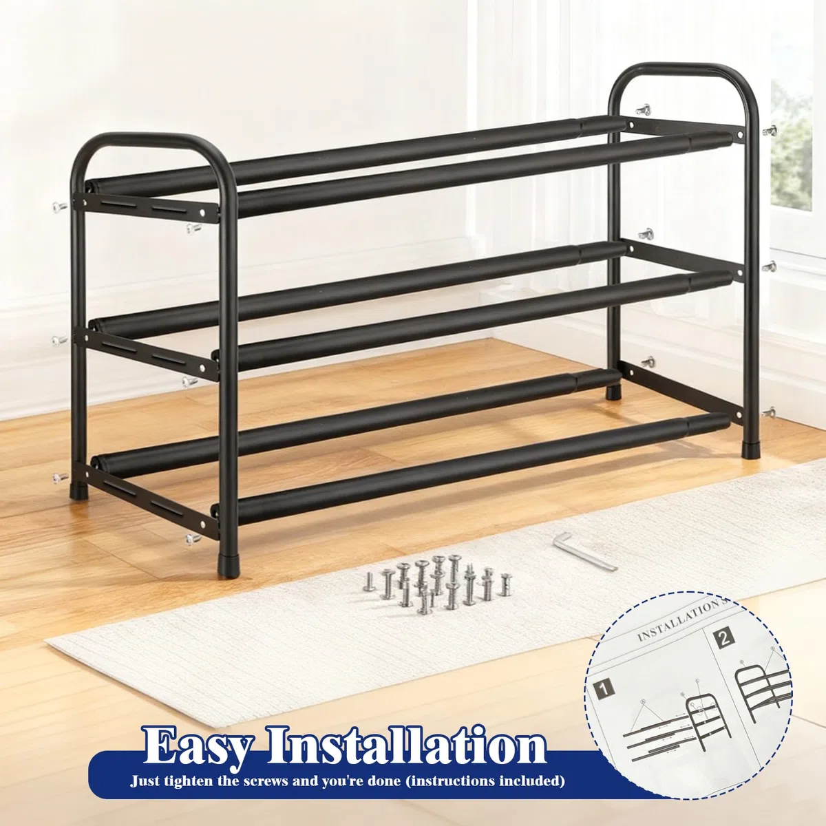 Rastrelliera Scarpe, Scarpiera Espandibile, Scaffale Porta Scarpe in Metallo a 3 Ripiani, Organizzatore per Scarpe Regolabile Nero, Organizer Scarpe Ideale per Corridoio, Armadio, Ingresso