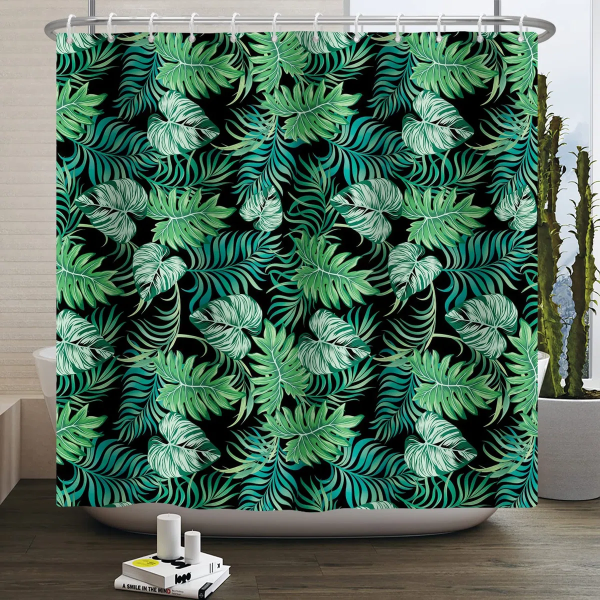 Foglie Verdi Tenda da Doccia 180x200cm Foglia di Palma Botanico Pianta Tropicale Design Moderno Decorativo Impermeabile Lavabile in Poliestere Tende da Bagno con 12 Ganci per Vasca da Bagno