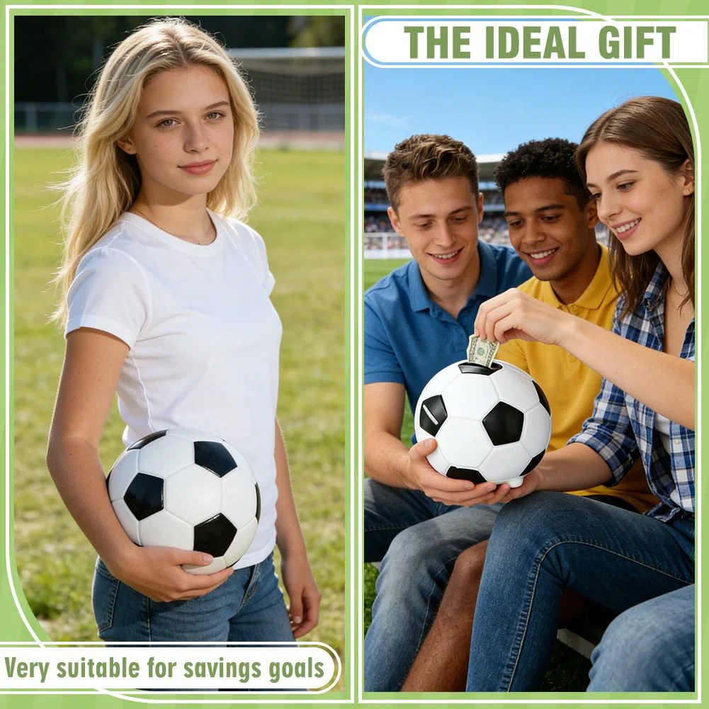 Salvadanaio a forma di pallone da calcio — Un divertente design a tema sportivo, personalizzabile per bambini o bambine. Un'idea regalo brillante per i compleanni dei bambini