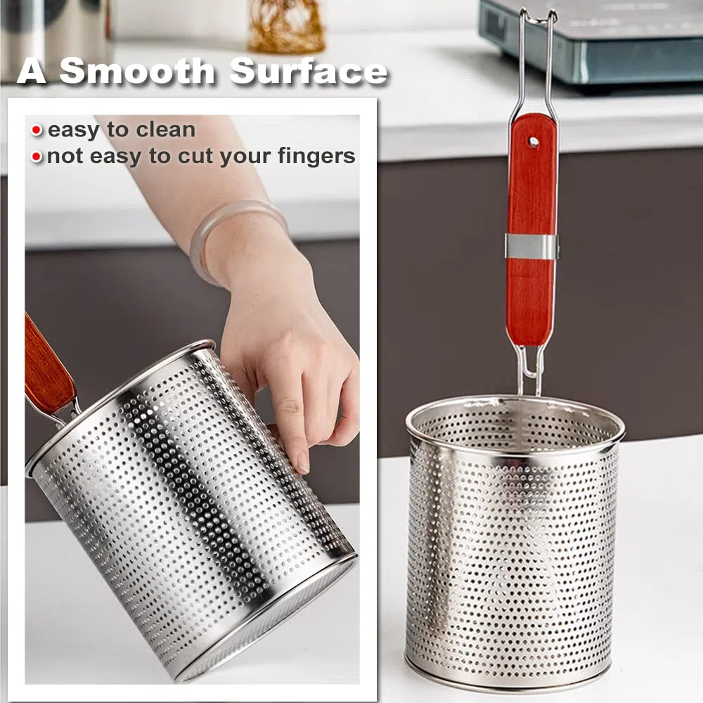 TENTA KITCHEN Micro-Perforated Stainless Steel Pasta Basket Mesh Spider Food Dumpling Noodle Strainer, Skimmer Kitchen Fine Sieve with Wooden Handle (4.72 inch)