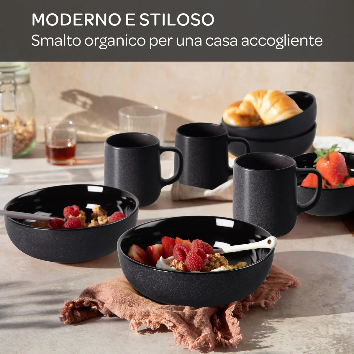 Steinzeit Ciotola Cucina Design (6x750ml, nero) - Insalatiera Ceramica per zuppa extra large - Ciotole colazione lavabile in lavastoviglie - Bowl - Ciotola per cereali - Insalatiera in ceramica