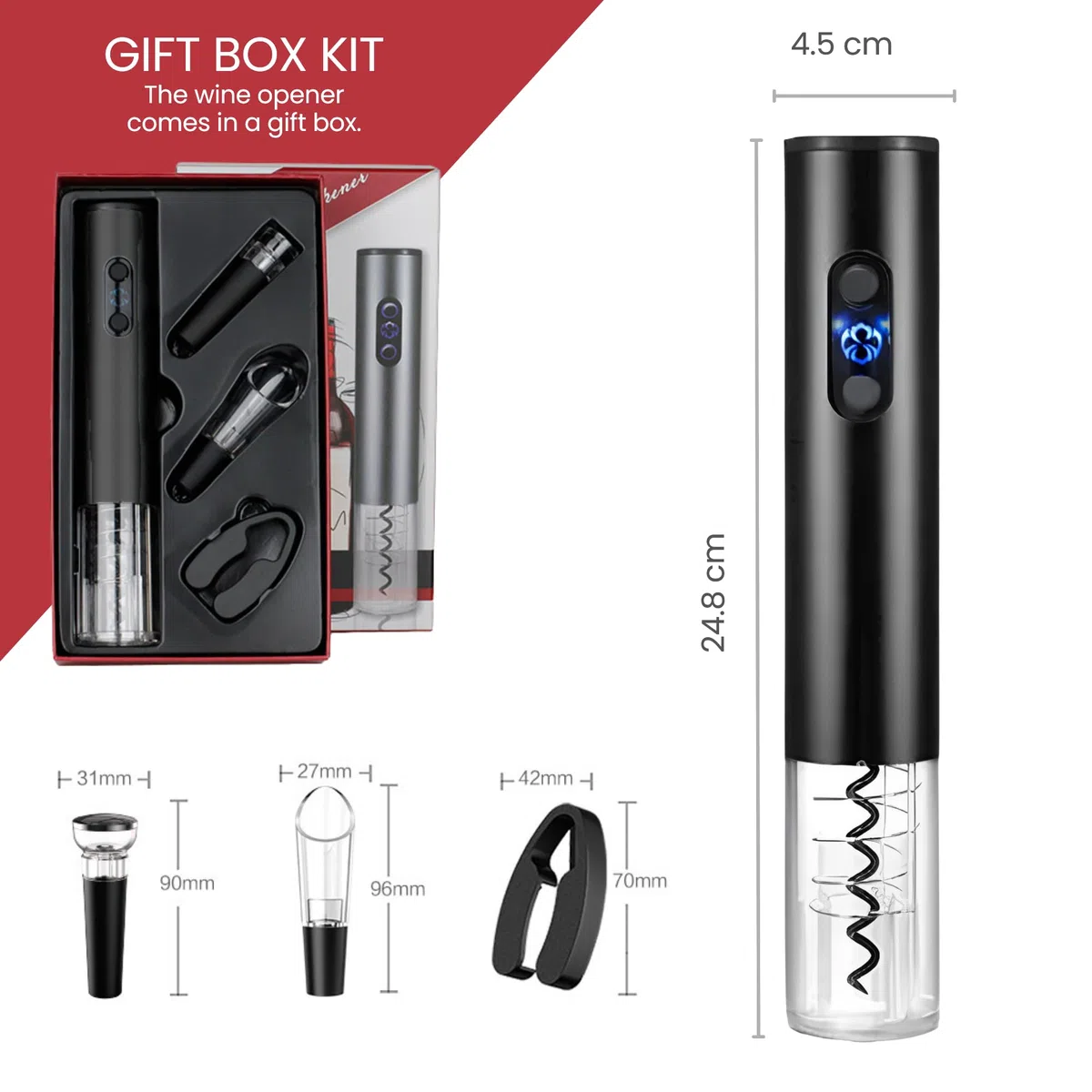 Cavatappi Elettrico, Apribottiglie per Vino con Taglierina, Versatore per Vino, Tappo Sottovuoto. Acciaio Inossidabile. Funziona con 4 Batterie AA (non incluse).