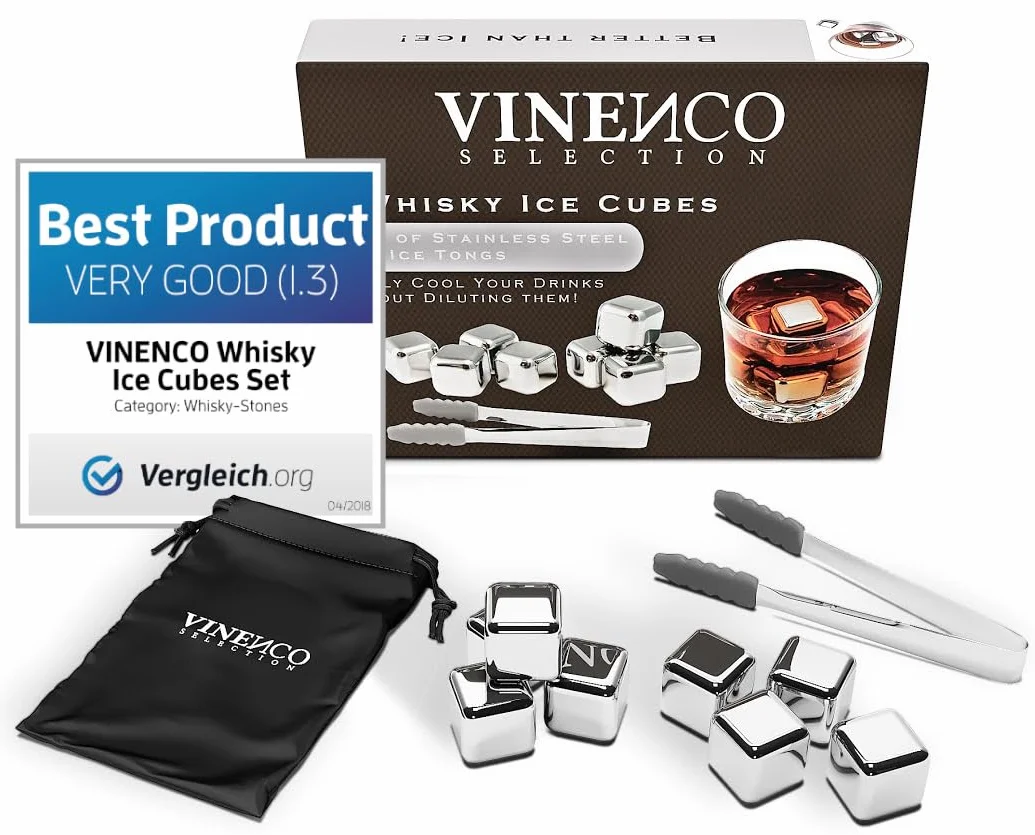 Cubetti di Ghiaccio Riutilizzabili, Set Pietre Acciaio & Basalto da Whisky Refrigeranti + Pinza + Bustina | Aperitivo Accessori Bar: Cocktail Whiskey Ice Cube Stone Kit, Idea Regalo Donna Uomo Festa
