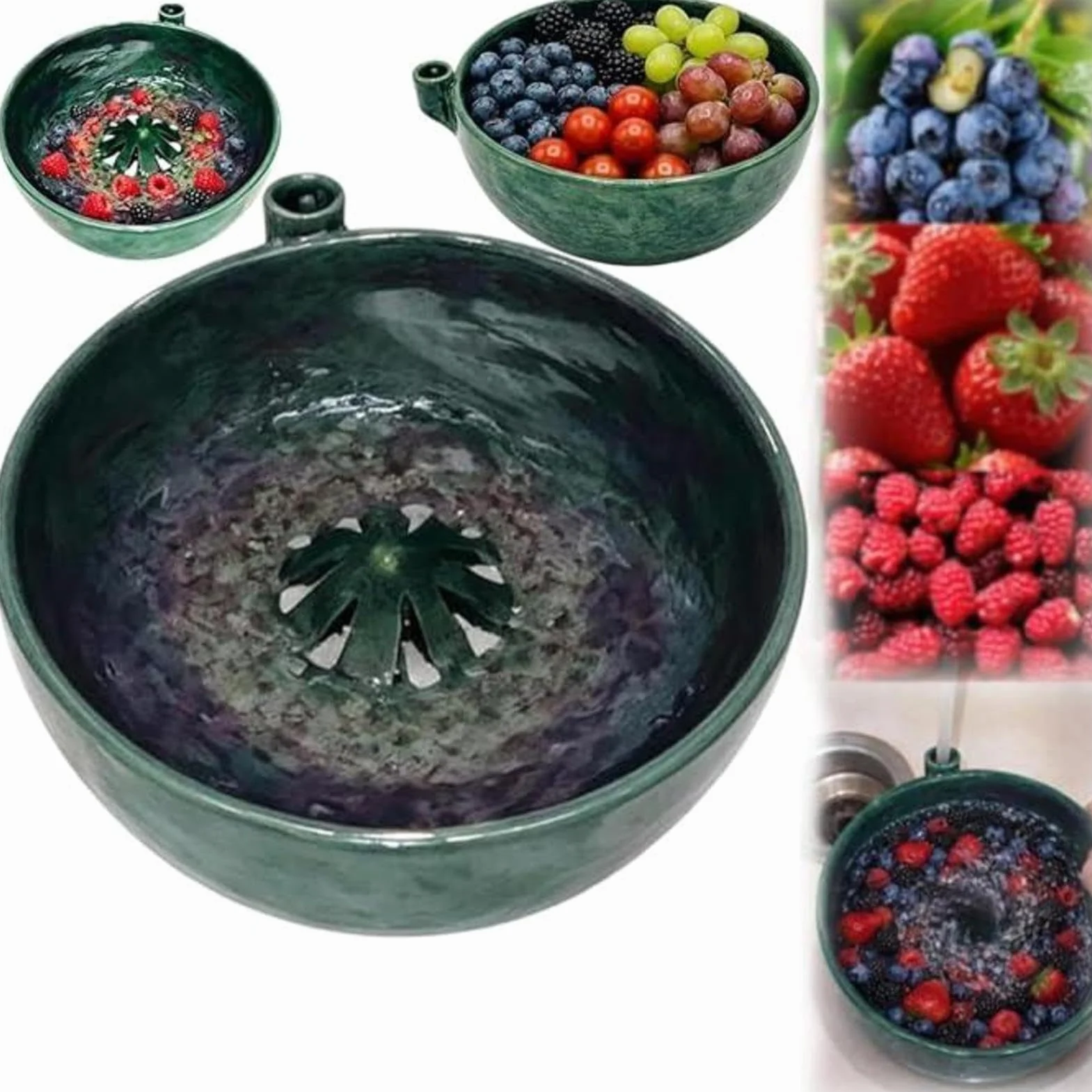 Spinning1 - Ciotola automatica per il lavaggio delle bacche, in ceramica, con scarico, multifunzione per la pulizia delle bacche, per la preparazione di insalate di more, fragole, uva, uva