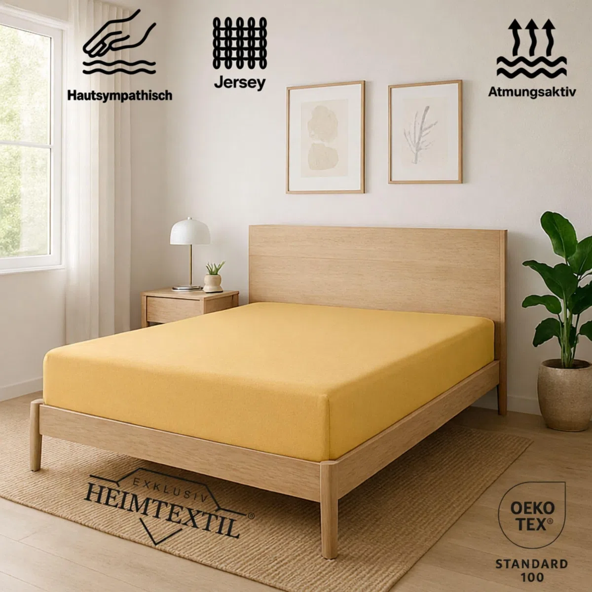 Exklusiv Heimtextil - Lenzuolo con angoli elasticizzati in jersey, 100% cotone, elastico perimetrale, in diverse misure e colori, Öko-Tex Standard 100, 90-100 x 200 cm, colore giallo