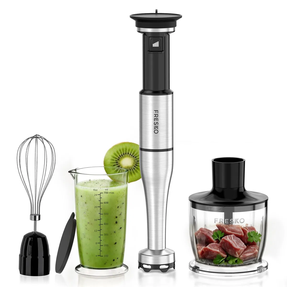 FRESKO Frullatore a Immersione, 1000W Frullatore in Acciaio Inox con Protezione per Pentole, 5 Accessori, Velocità Regolabile, Frullatore Manuale per Alimenti per Bambini, Zuppe, Smoothies