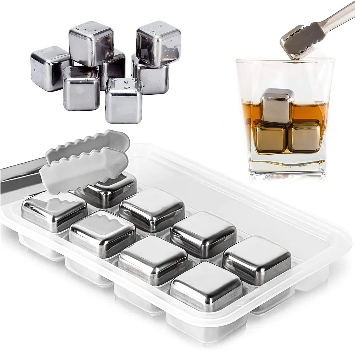 8 cubetti di ghiaccio riutilizzabili in acciaio inox, adatti per alimenti, in acciaio inox, pietre di ghiaccio, accessori per bar, cocktail, rocce di gin
