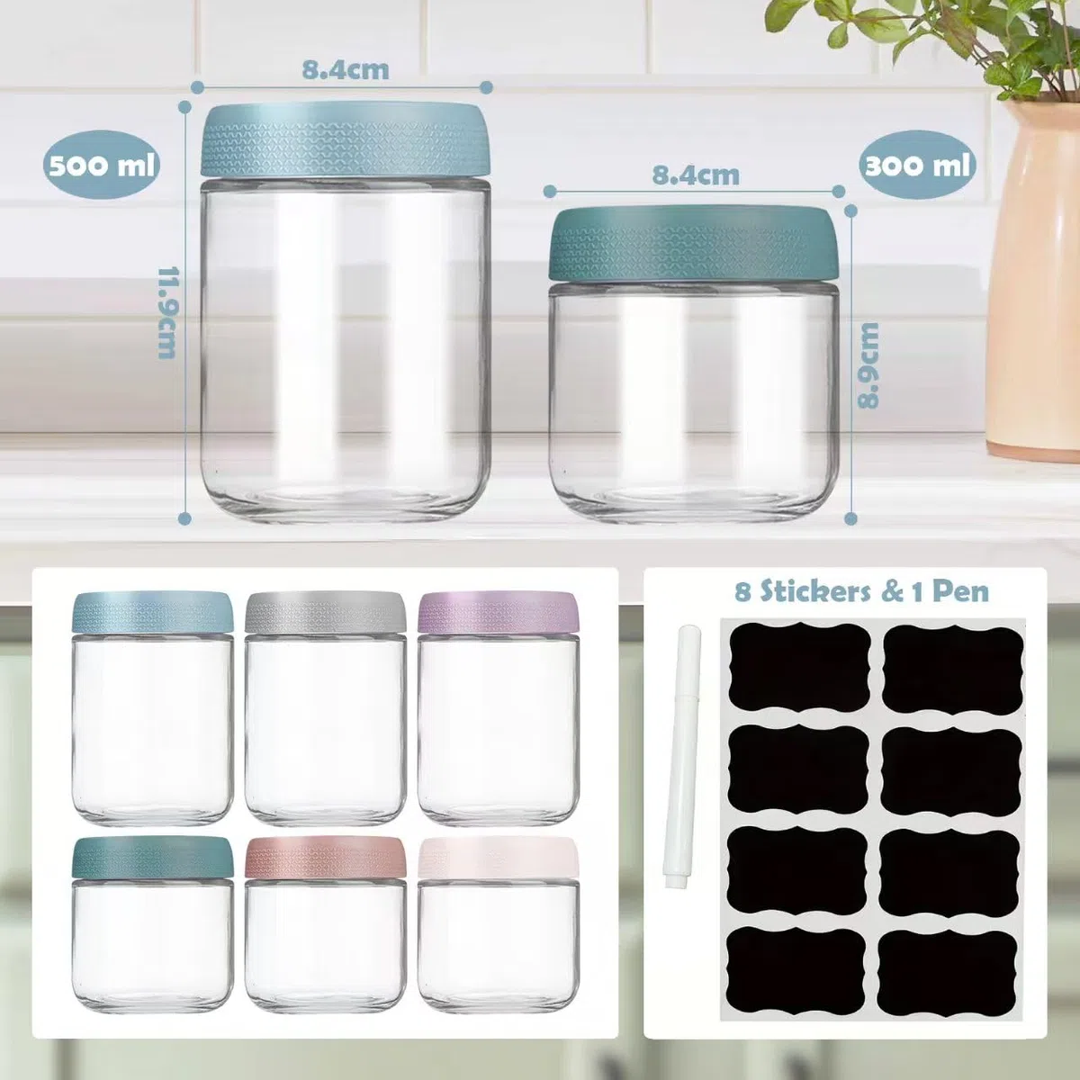 6 Pezzi Barattoli Vetro con Coperchio, 350/500 ml Riutilizzabili Overnight Oats Jar con Coperchi Vite, Barattolo Cucina per Avena Miele Frutta Spezie Marmellata Insalata Yogurt, Mason Jar