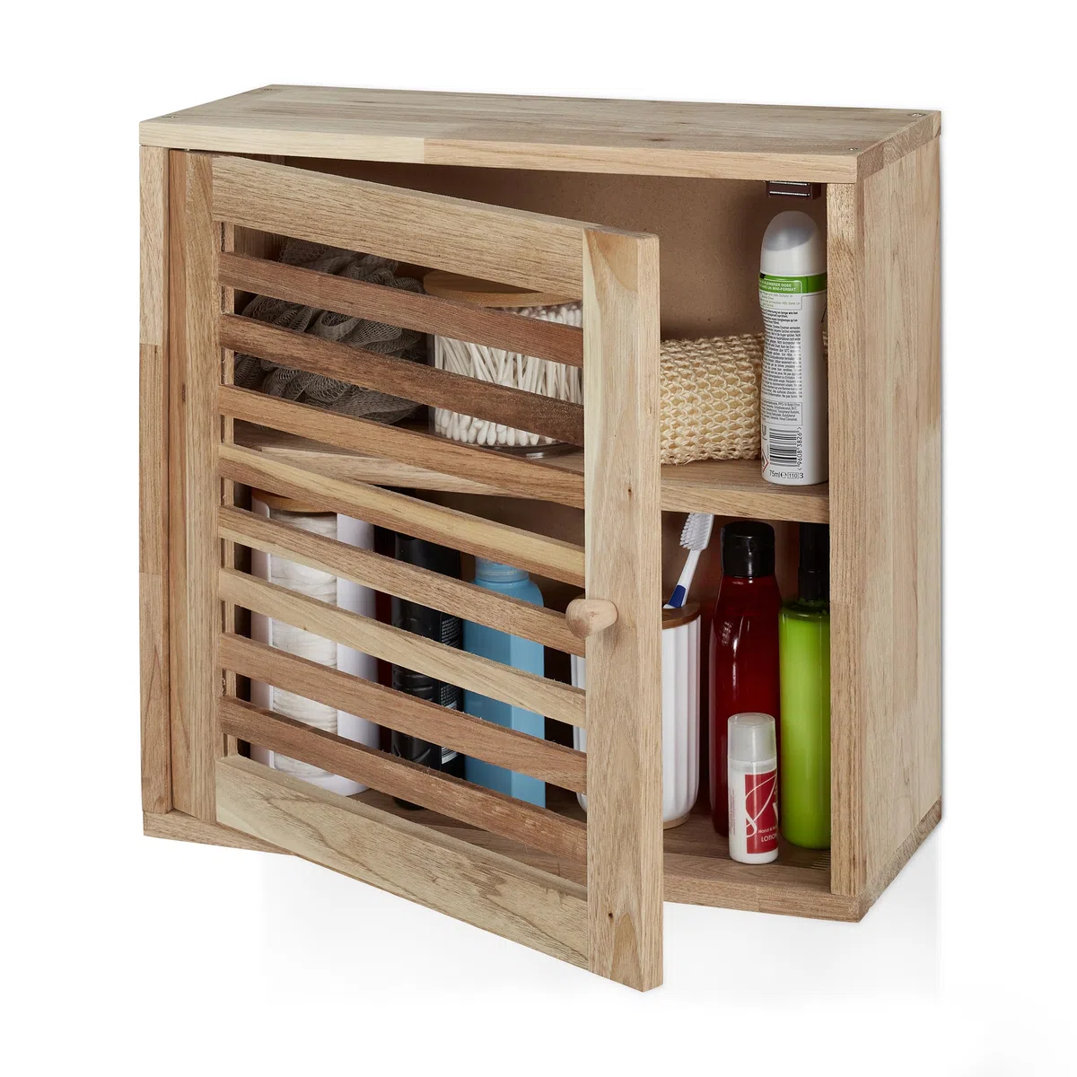 Relaxdays Mobiletto da Bagno Pensile, in Legno di Noce, HxLxP: 42 x 42 x 18 cm, Armadietto a Muro, 2 Scomparti, Naturale