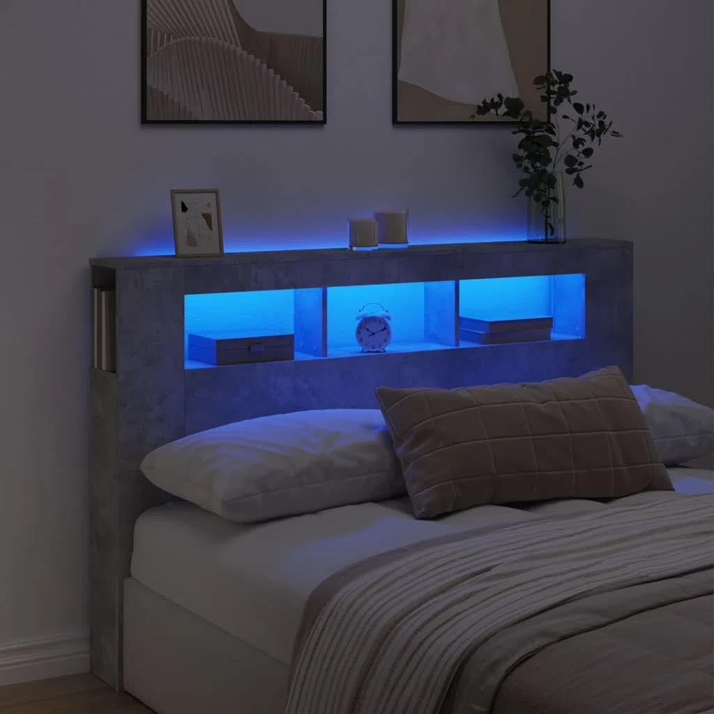 IKAYAA Testiera Letto Matrimoniale con LED Testiera Letto Matrimoniale Legno 160 cm Testiera con Contenitore Testiera Letto con Scomparti -Grigio cemento-160 x 103.5 cm