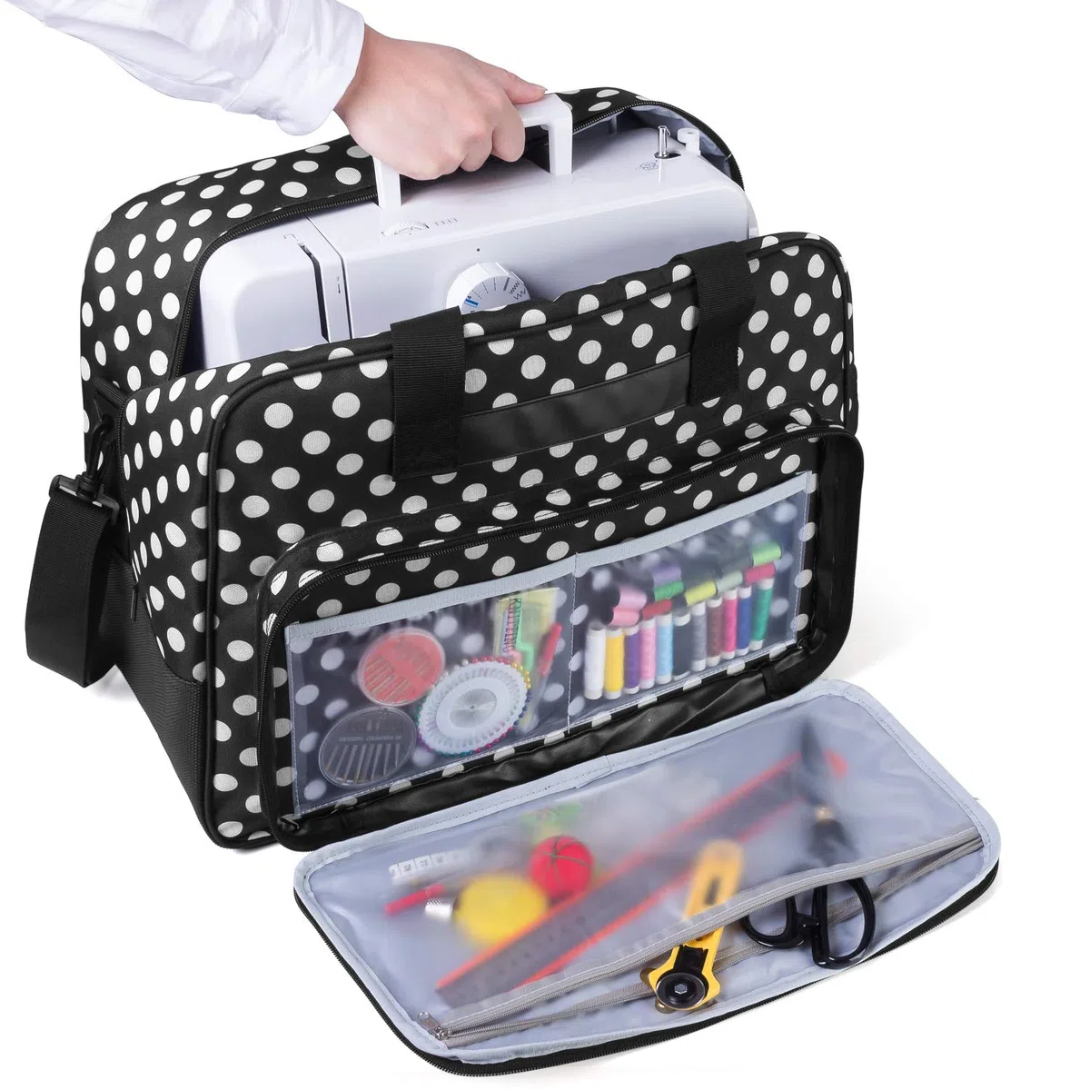 Yarwo Borsa per Macchina da Cucire, Borse da Trasporto per Macchina da Cucire Adatto per la Maggior Parte delle Macchine da Cucire Universali, con Imbottitura e Fondo Antiscivolo, Nero Puntino