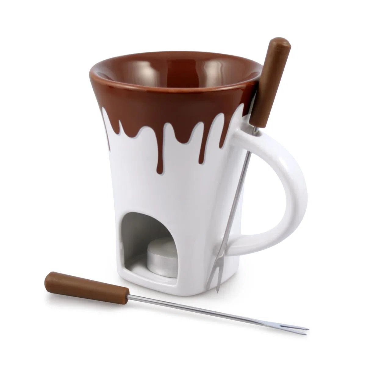 Swissmar Nostalgia F12064 Set di 4 tazze per fonduta di cioccolato, ceramica/acciaio inossidabile, bianco/marrone, 120 ml, candela riscaldata, lavabile in lavastoviglie, confezione regalo