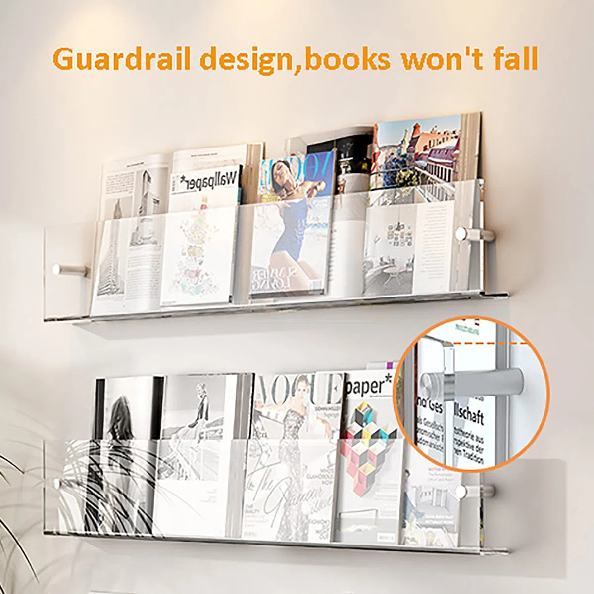 Portariviste in acrilico, Porta riviste da parete 2 pezzi, perfetto for il bagno, libreria e porta brochure(Transparent,80cm/31.4inch)