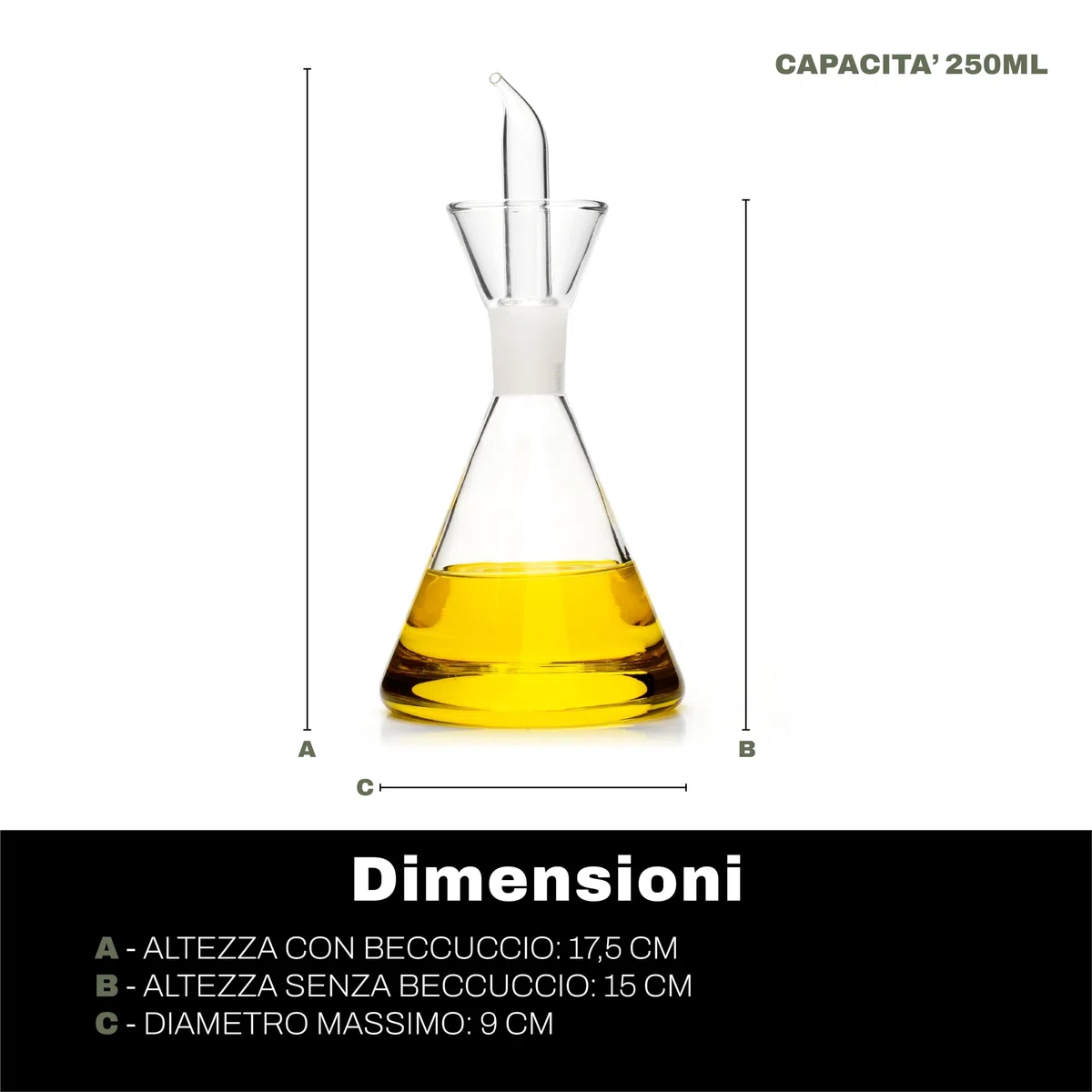 Classe Italy – Oliera salvagoccia conica 250 ml in vetro borosilicato, ideale per olio EVO o aceto, tappo brevettato, senza BPA, piombo e cadmio