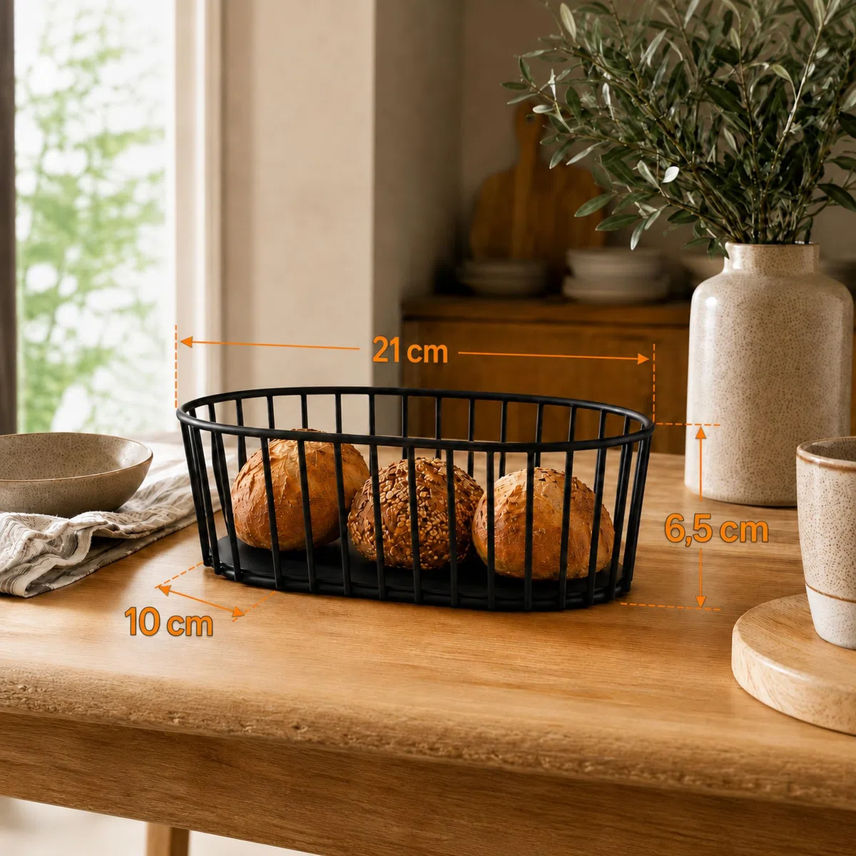 APS "Urban" - Cestino rotondo in metallo con griglia stabile, 21 x 10 x 7 cm (L x P x A), cestino per pane, frutta, verdura, impilabile, lavabile in lavastoviglie, colore: nero