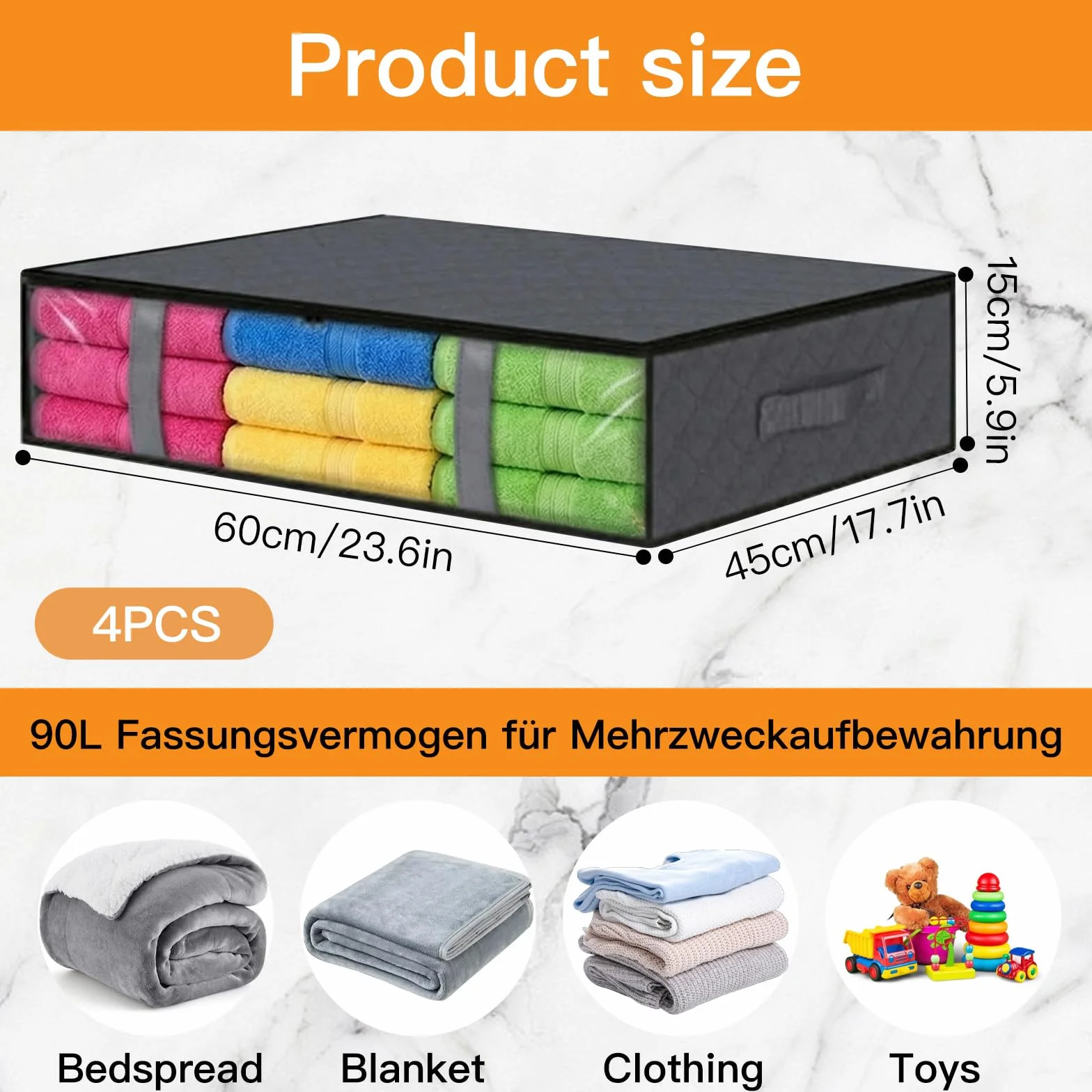 4 Pezzi Scatole Sotto Letto Contenitore 60x45x15cm Contenitori Sottoletto con Finestra di Osservazione e Maniglia per Piumoni, Lenzuola, Vestiti per Camera da Letto, Armadio