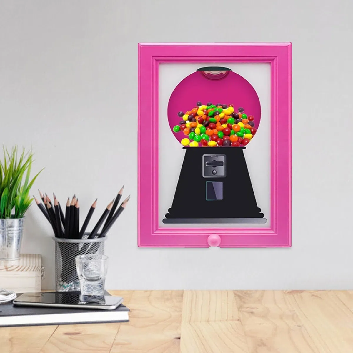 Distributore di cornici per foto di caramelle, dispenser di dolci con cornice per foto, macchina per immagini di Gumball, dispenser per caramelle da parete, per piano di lavoro della scrivania o