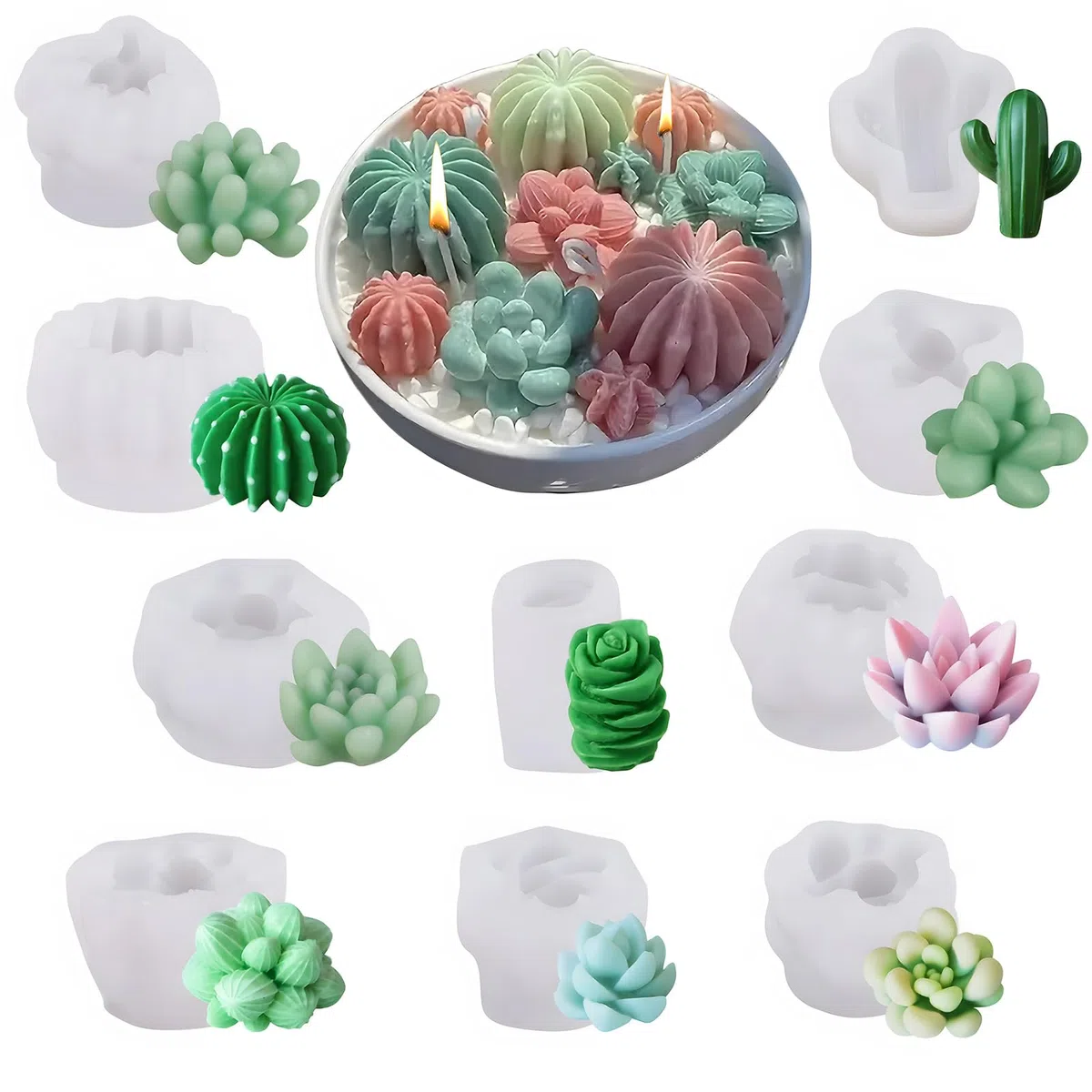 10 Piezas Moldes de Silicona para Cactus Suculentos, Moldes 3D para Velas, Jabón, Resina Epoxi, Moldes para Velas Hechas a Mano y Decoración DIY