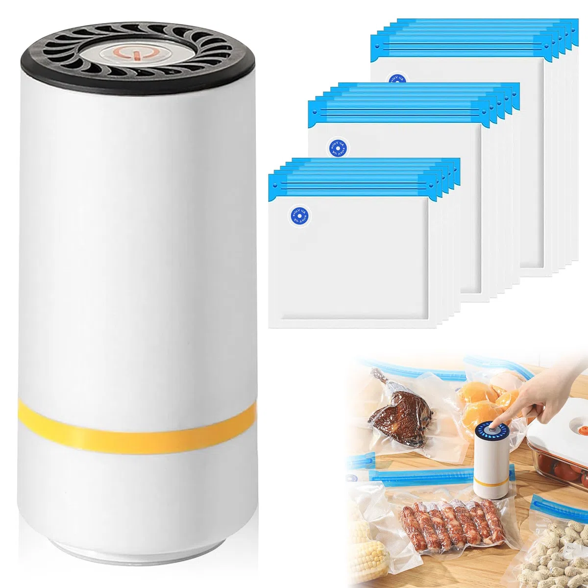 BAIFULAI Macchina sottovuoto con 15 sacchetti sottovuoto, mini sottovuoto portatile per uso domestico, 3 misure, USB ricaricabile, plastica, bianco, manuale, 5 volts