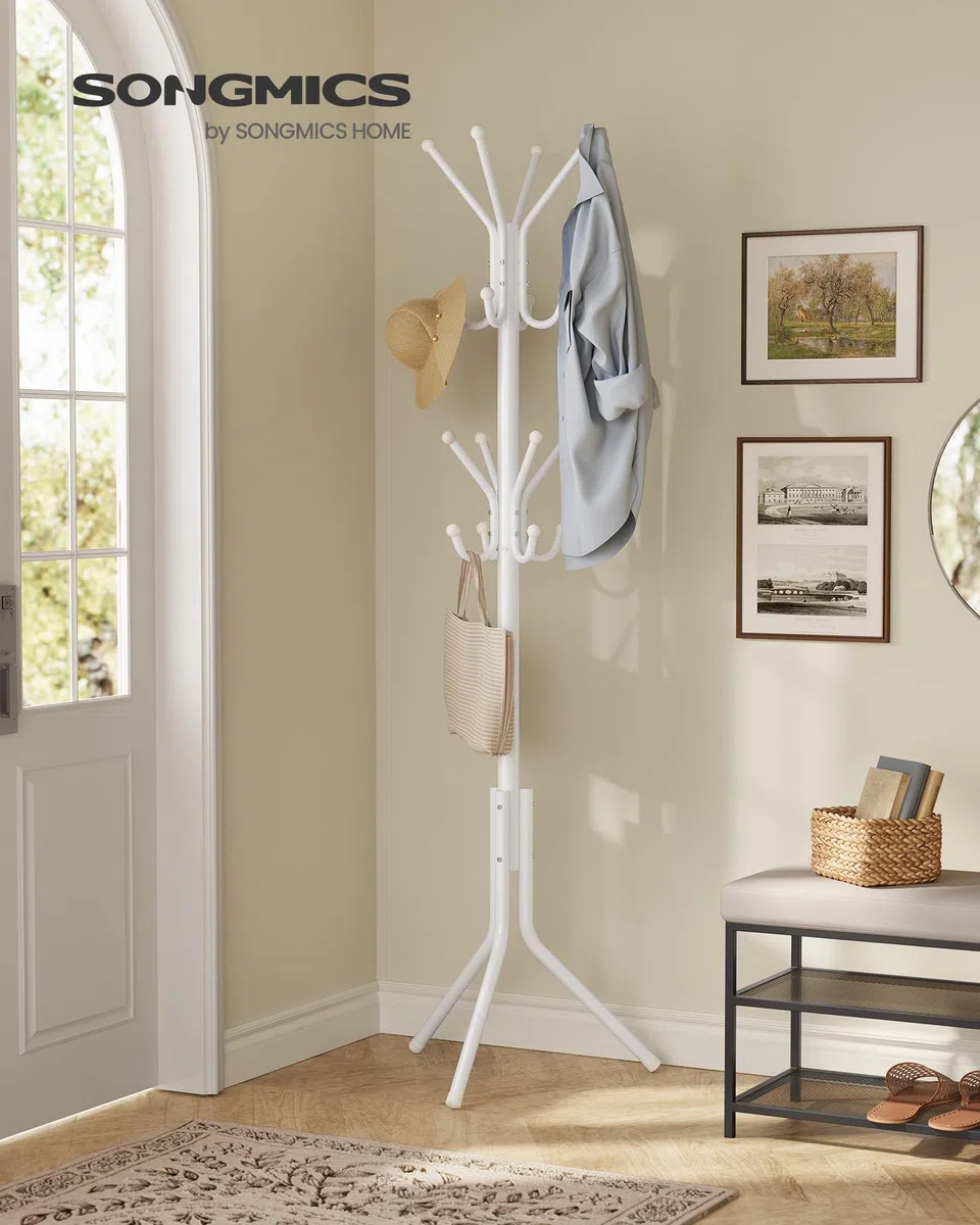 SONGMICS Appendiabiti da Terra, Attaccapanni in Metallo, per Vestiti Borse Cappelli, Altezza 175 cm, 16 Ganci, Ingresso Soggiorno Camera da Letto, Bianco Nuvola RCR081WC01