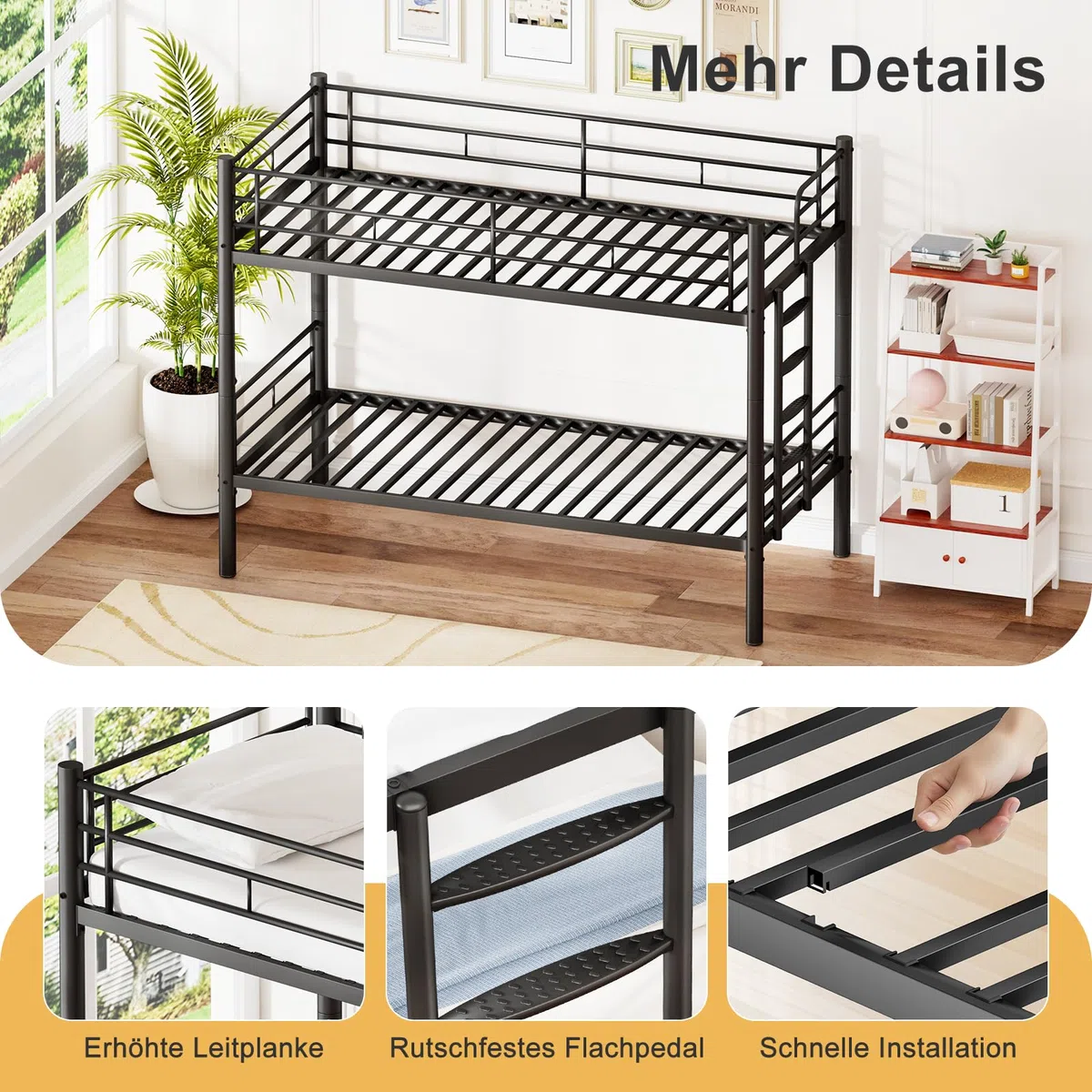 Letto a castello 90 x 200 cm, letto a castello in metallo può essere diviso in due letti singoli, letto a castello con scala e protezione dalle cadute per ragazzi e adulti, nero