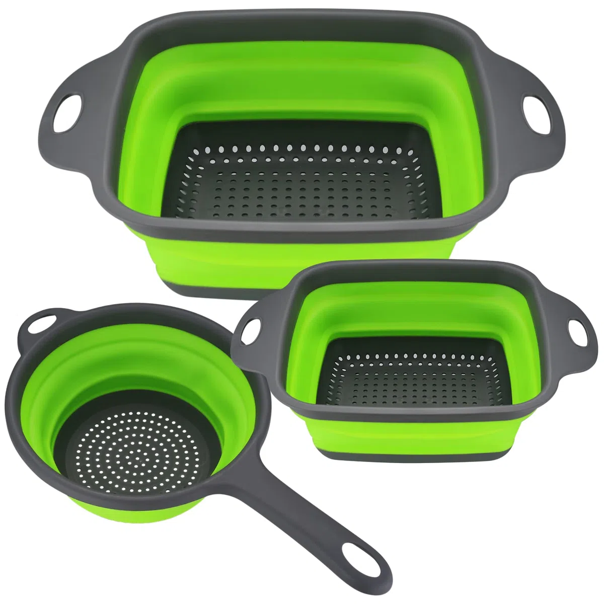 3 Pz Set Scolapasta Silicone Pieghevole, Filtro Cestino Cucina in Silicone con Manico, Filtro Colander Setacci Pieghevole per Drenante Frutta Verdura Pasta, Cucina, Domestica, Campeggio - Verde