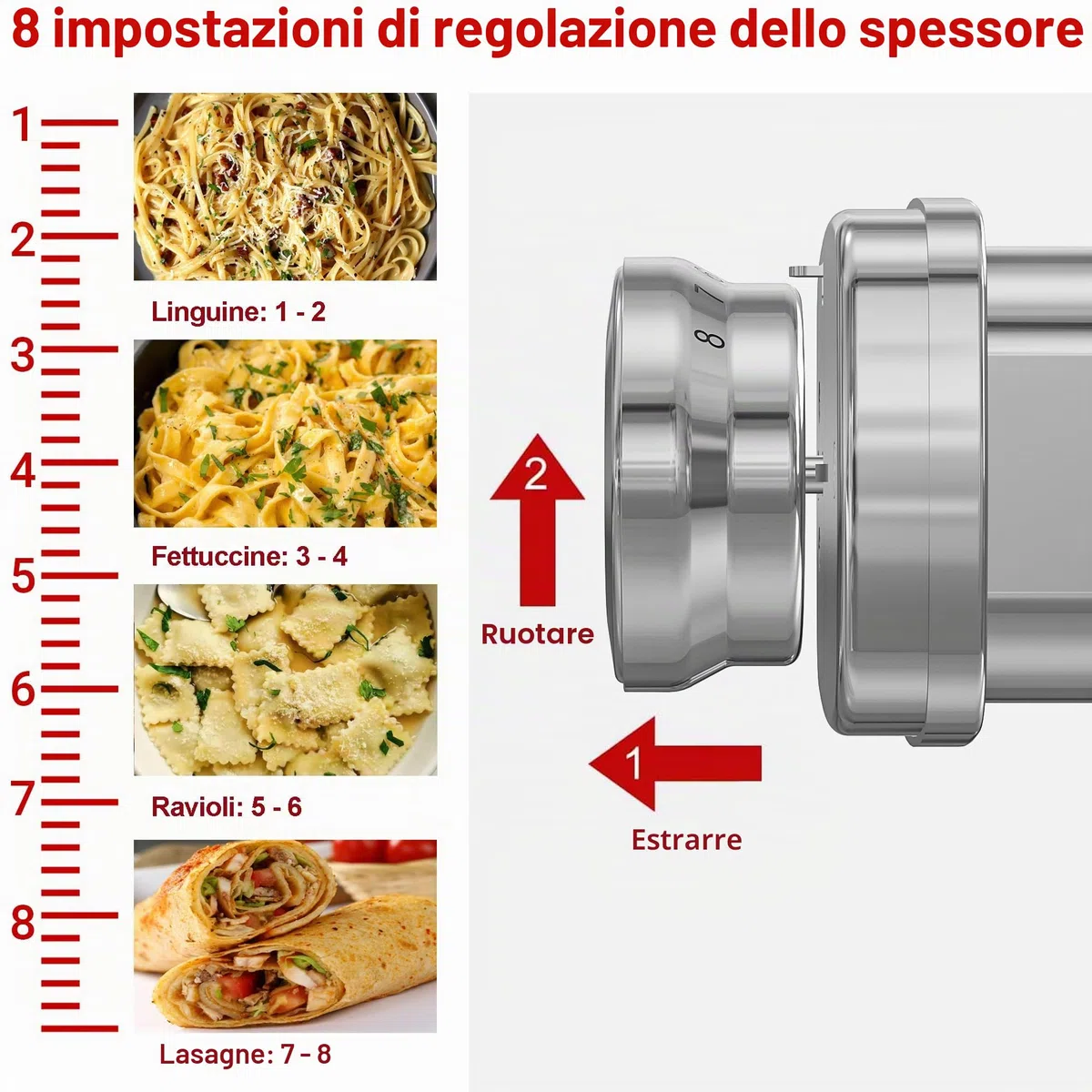 Accessorio per macchina per la pasta interamente in metallo per KitchenAid, accessorio per pasta 3 in 1 per planetaria KitchenAid, accessorio per sfogliatrice per pasta fresca regolabile a 8 velocità.