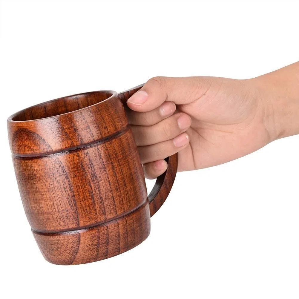 Agatige Grande Boccale Di Birra in Legno, Marrone a Forma Di Barile Retrò Tazza Da Bere Boccale Da Tè Vichingo Boccale Birra Boccale Medievale Con Manico per Uomini Donne Casa Bar Festa, 8,5 X 14 Cm