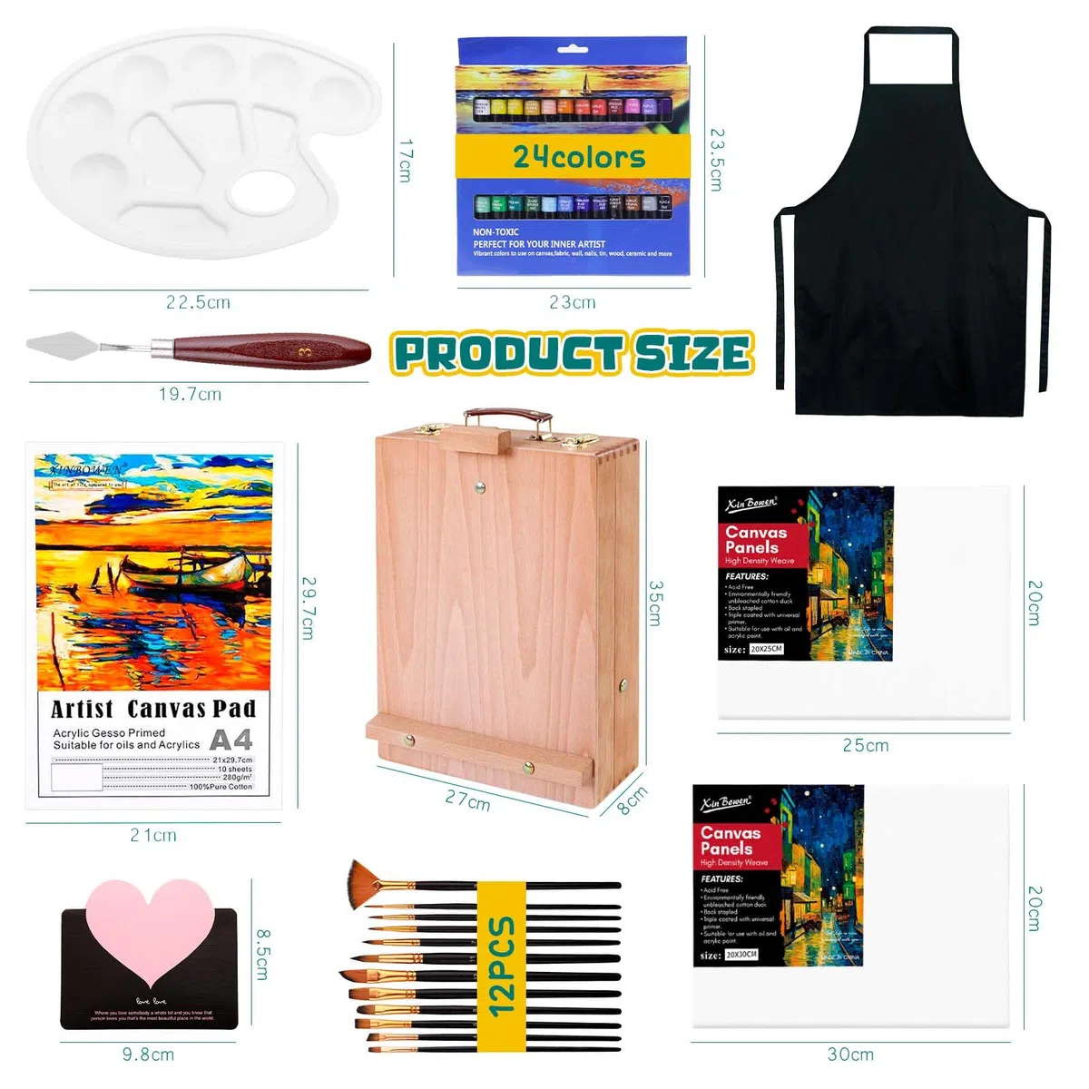 UCAMP Cavalletto Pittura,Cavalletto da Tavolo,Set di pittura acrilica da 44 pezzi,24 colori acrilici,12 pennelli,Spatola, Grembiuli,Tavolozza Colori e Tela A4,per Professionisti e Hobbisti