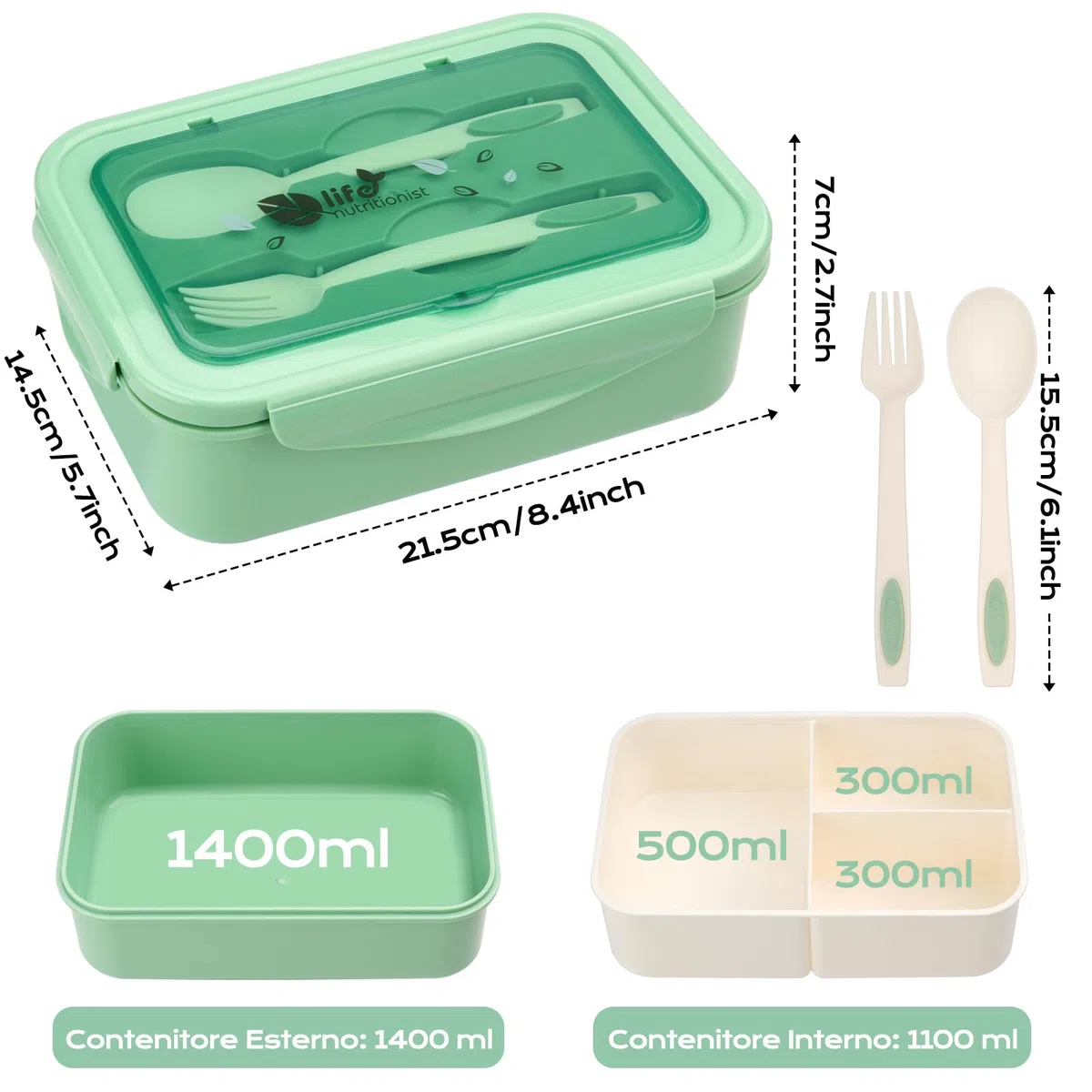 BIBURY Porta Pranzo, Lunch Box Prova di Perdite per Bambini e Adulti, Bento Box con 3 Scomparti e Posate(Forchetta e Cucchiaio), Portapranzo, Sicuri per Microonde e Lavastoviglie - Verde