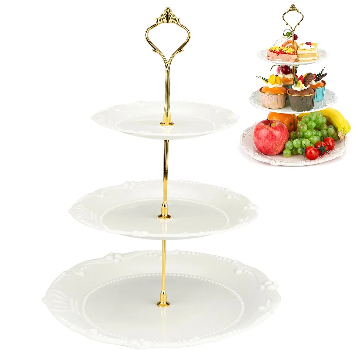 Alzata a tre piani in plastica con design goffrato, riutilizzabile, ideale per servire cibo, dessert e cupcake, perfetto per feste, compleanni, matrimoni (bianco)