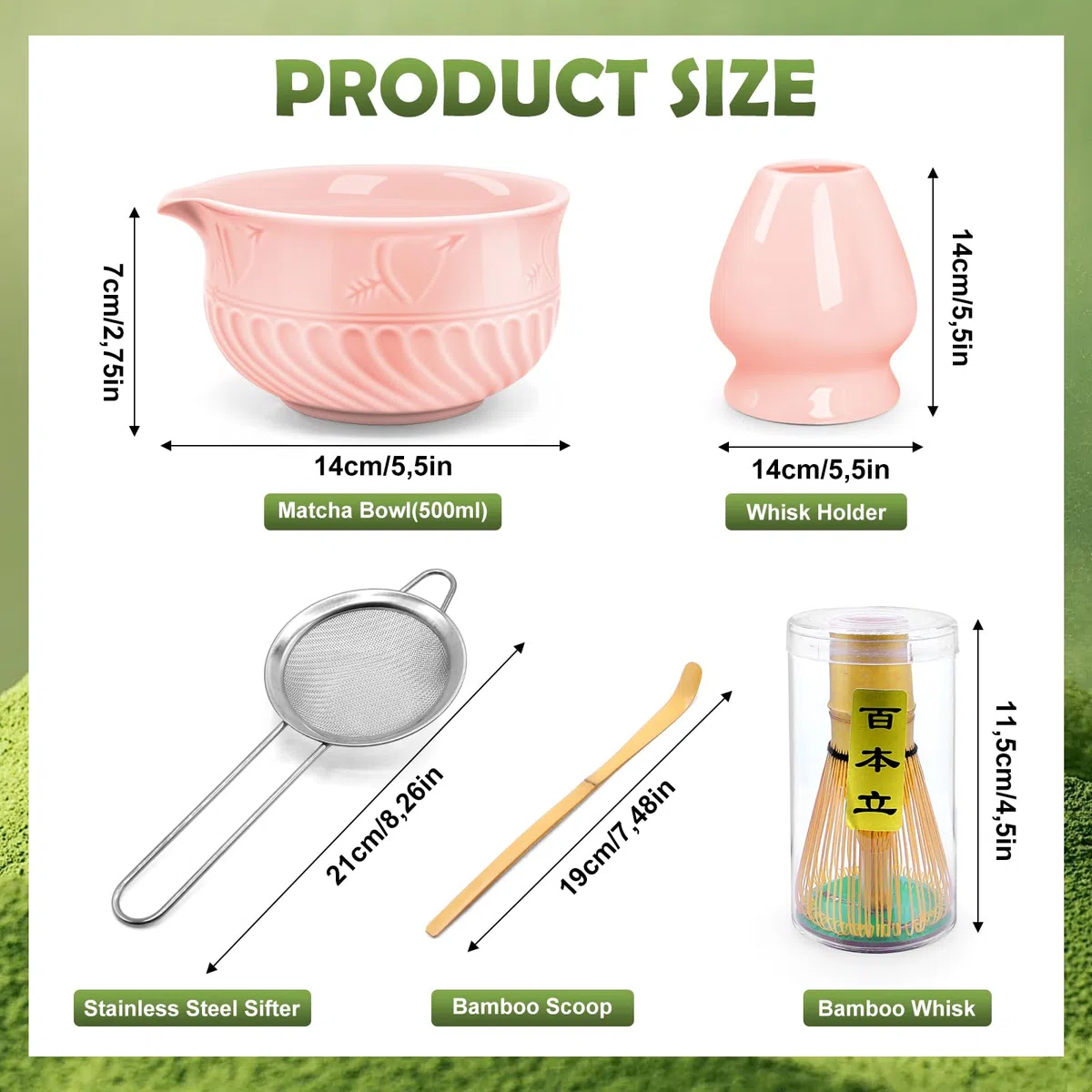 5 pezzi Matcha Kit, Set da tè Giapponese Premium, con Frusta Matcha in Bambù Cucchiaio Ciotola e Supporto, Set Matcha per Gli Amanti del tè(Rosa)