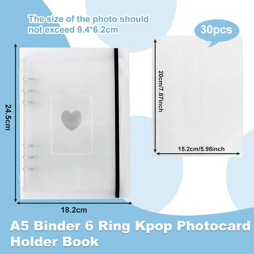 Kpop - 30 fogli per album fotografici, raccoglitori di foto, 6 anelli, porta tessere, foto e raccoglitori, formato A5, per album fotografici, trasparenti per carte di credito, francobolli