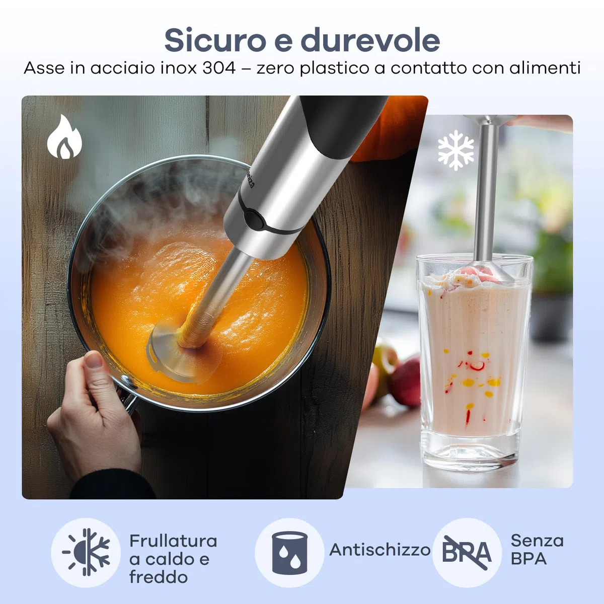 Ganiza Frullatore a immersione 5 in 1, 1200 W con controllo della velocità e modalità Turbo, in acciaio inossidabile, completo di tritatutto, frusta, montalatte e misurino, ideale per zuppe e frullati