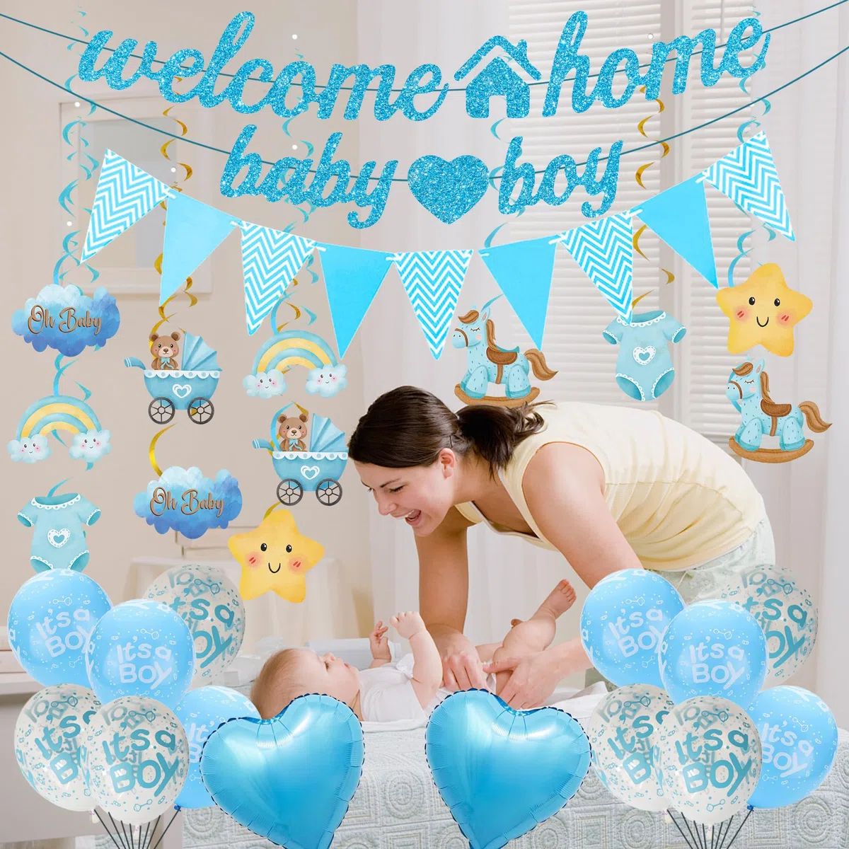 Benvenuto a casa, decorazione per bambini, 34 pezzi, blu, Welcome Home Baby Boy Banner, ghirlanda, ghirlande sospese, palloncini per Welcome Home Shower baby shower
