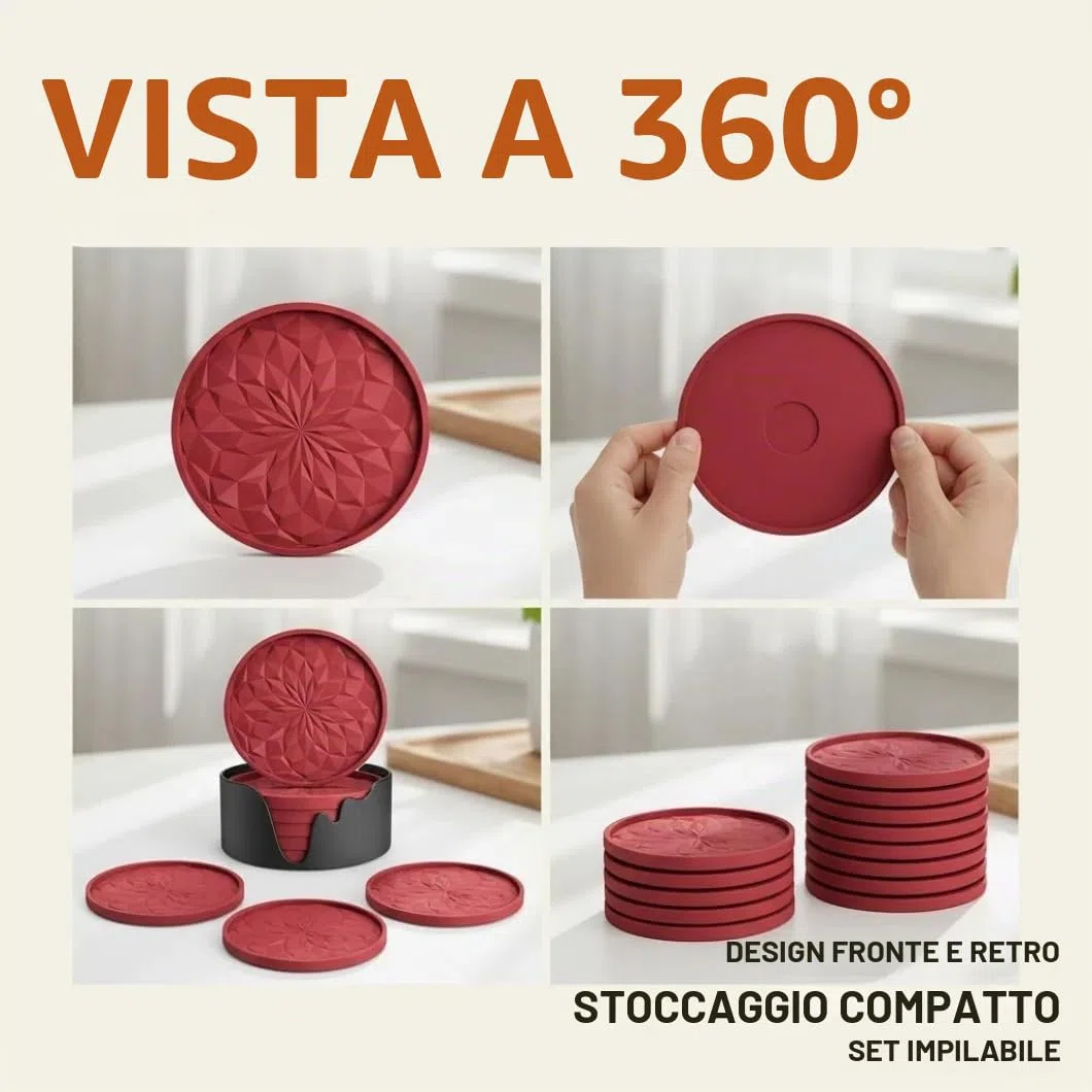 Sottobicchieri in Silicone con Supporto, Set da 6 Pezzi in Rosso, Antiscivolo e Resistenti al Calore, Lavabili in Lavastoviglie – Per Bevande, Caffè, Tazze, Cucina, Bar e Soggiorno, Protezione Tavolo