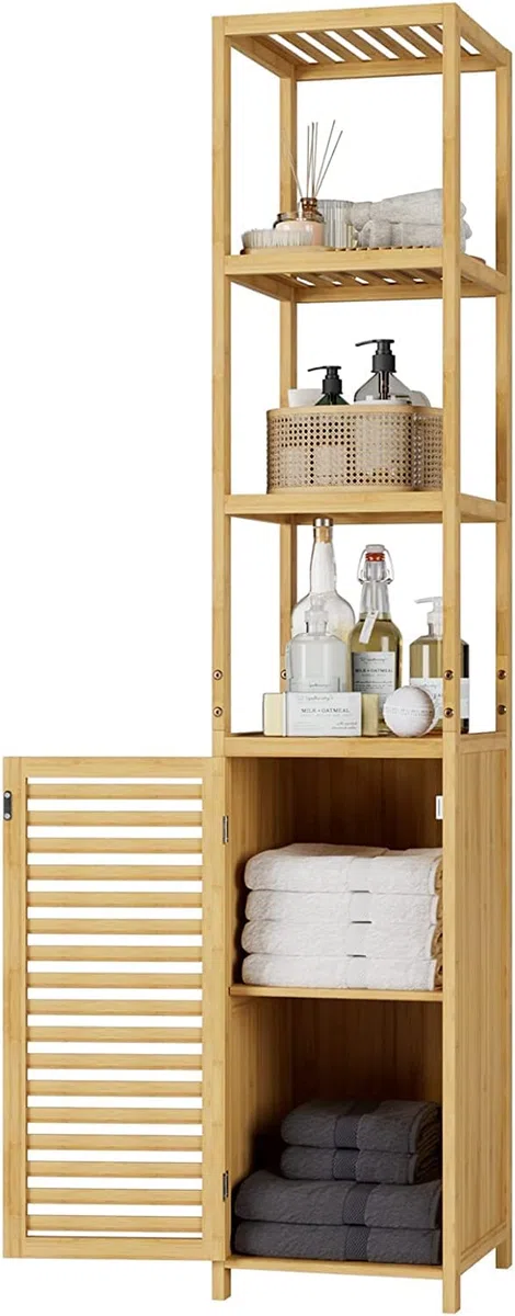 FOREHILL Mobile da Bagno Salvaspazio,Armadietto da Bagno a Colonna in bambù,Mobile da Terra a 3 Ripiani e 1 Ante,Mobiletto Autoportante da Angolo per Cucina Soggiorno 33x34x169cm